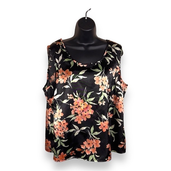 L VINTAGE CROFT AND BARROW BLACK PEACH FLORAL SATIN SLEEVELESS - Picture 1 of 12